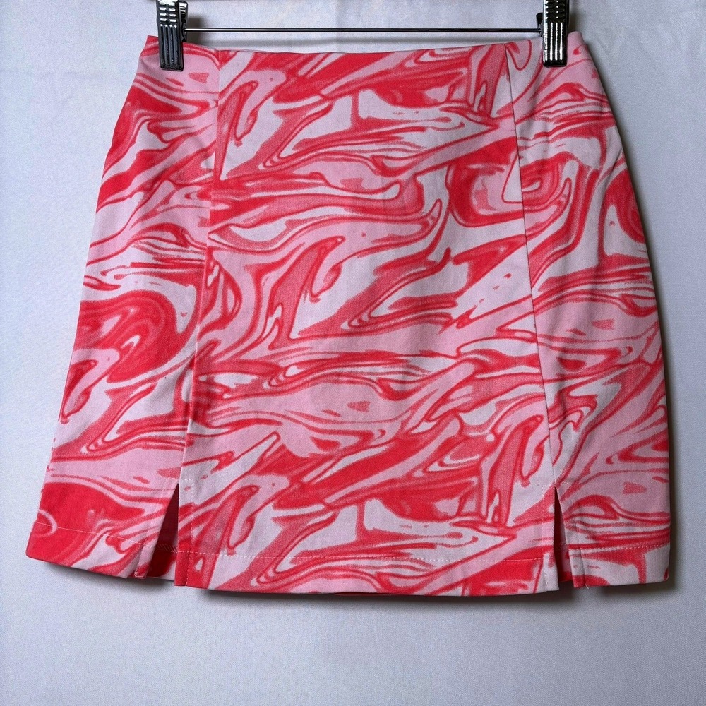 Pink Marble Swirl Print Mini Skirt Women Sz. 3 Front Slit Retro - Picture 2 of 3